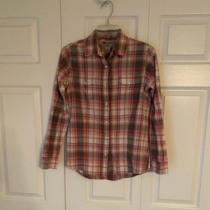 Wrangler Wrancher Shirt Women's Small Red Brown Plaid Western Pearl Snap Top